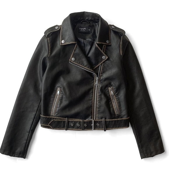 SPYM Jackets & Blazers - S P Y M Womens Worn Effect Faux Leather Jacket, Faded Moto Biker Coat with Belt